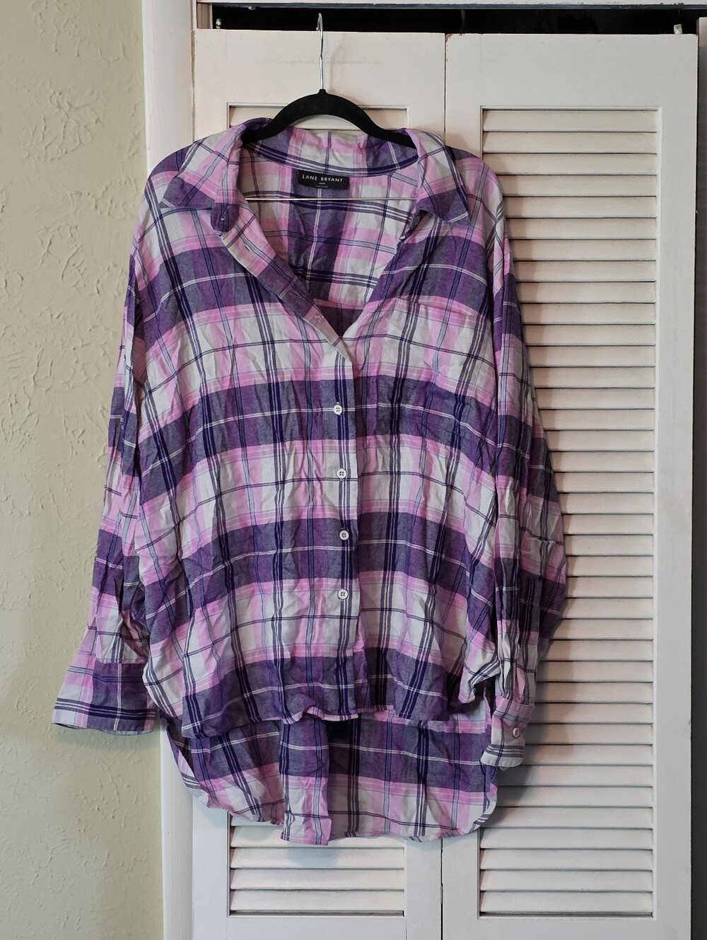 Lane Bryant Pink Purple Plaid Button Down Tunic Blouse Size 18/20 Plus